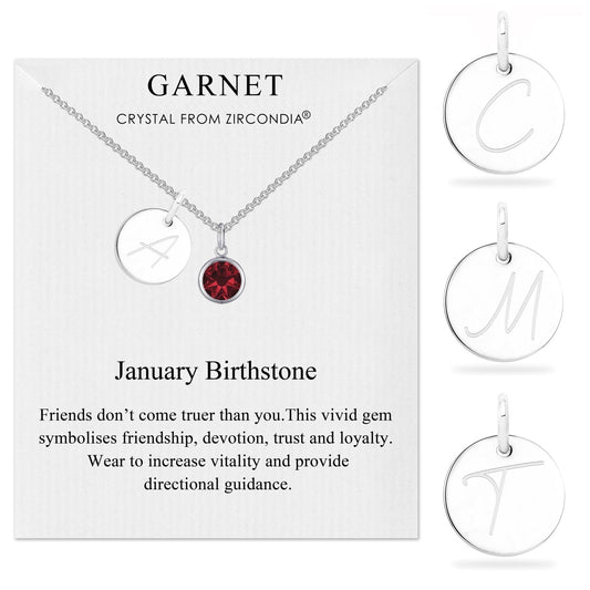 January (Garnet) Birthstone Necklace with Initial Charm (A to Z) Created with Zircondia® Crystals