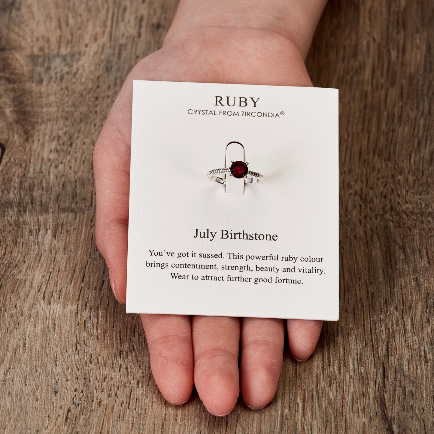 July (Ruby) Adjustable Birthstone Ring Created with Zircondia® Crystals