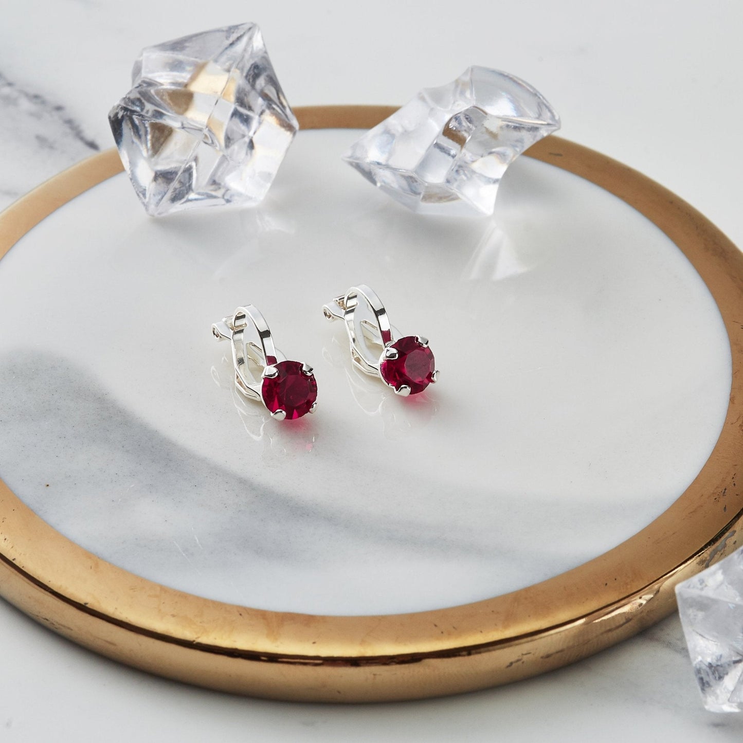July (Ruby) Birthstone Clip On Earrings Created with Zircondia® Crystals