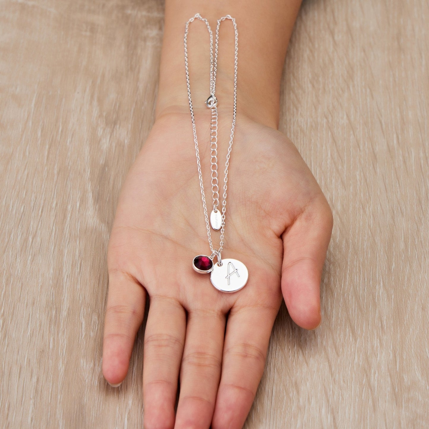 July (Ruby) Birthstone Necklace with Initial Charm (A to Z) Created with Zircondia® Crystals