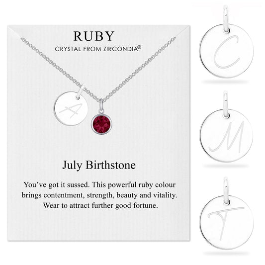 July (Ruby) Birthstone Necklace with Initial Charm (A to Z) Created with Zircondia® Crystals