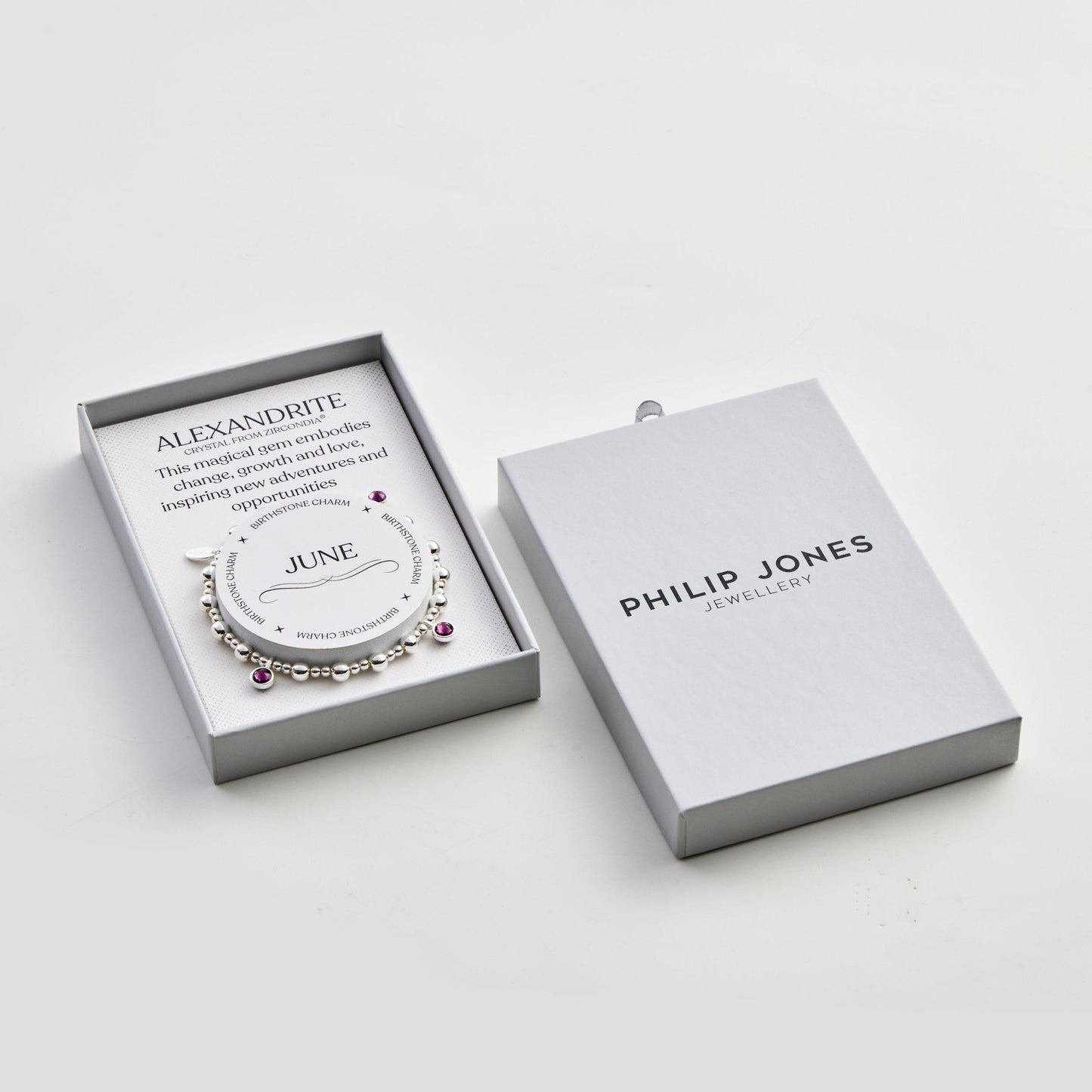 June (Alexandrite) Birthstone Stretch Charm Bracelet with Quote Gift Box