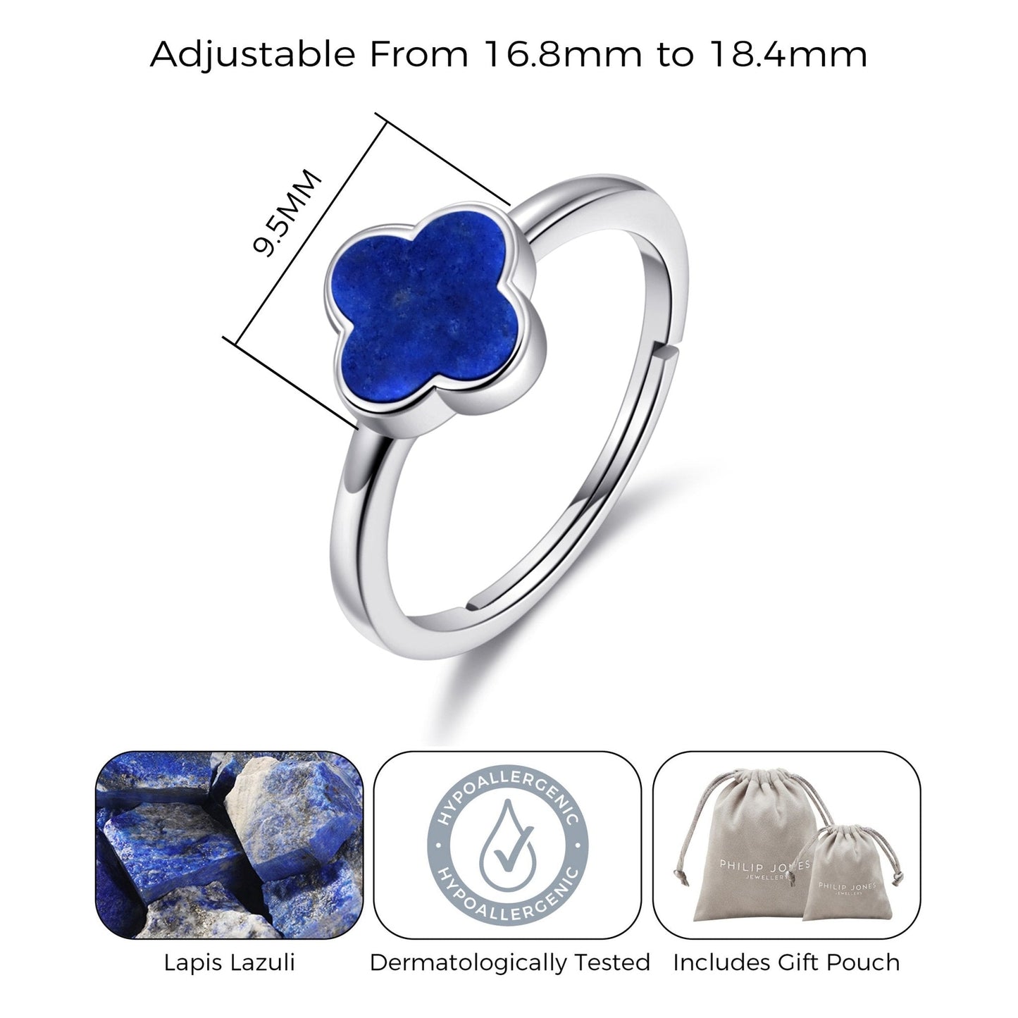 Lapis Gemstone Adjustable Clover Ring