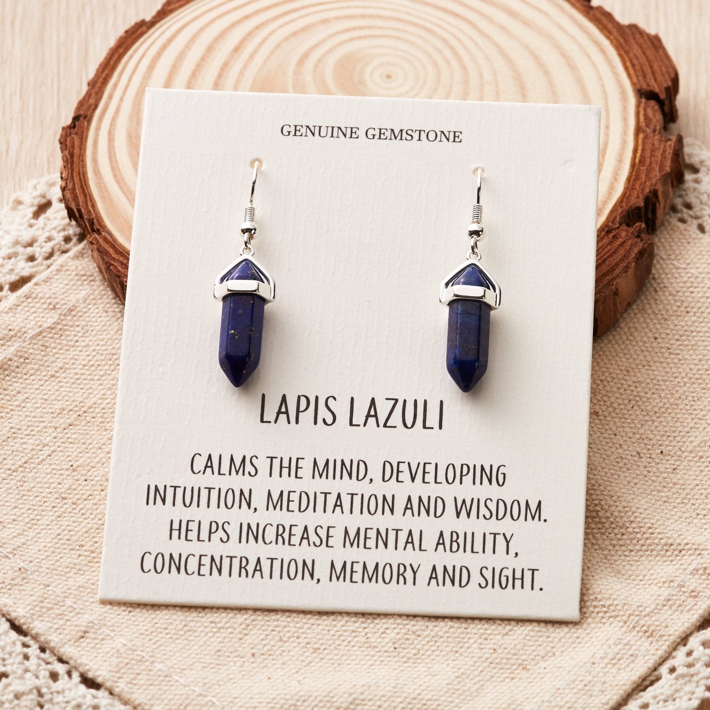 Lapis Gemstone Drop Earrings with Quote Card