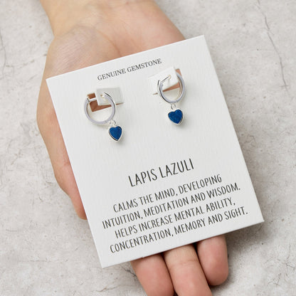 Lapis Gemstone Heart Charm Hoop Earrings with Quote Card