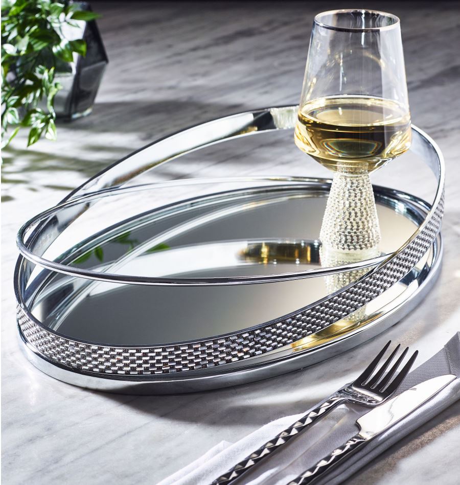 Harper Gem Tray: Silver Mirror Glass Metal Serving Tray Online - 38x26cm
