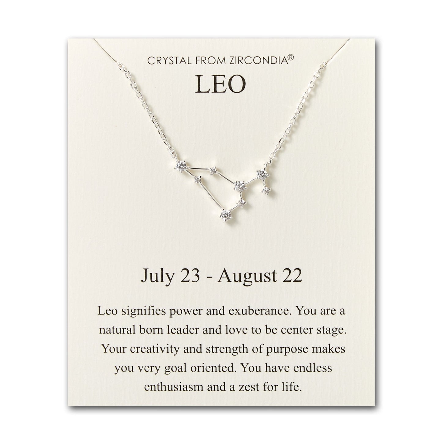 Leo Star Sign Zodiac Constellation Necklace and Quote Card with Zircondia® Crystals