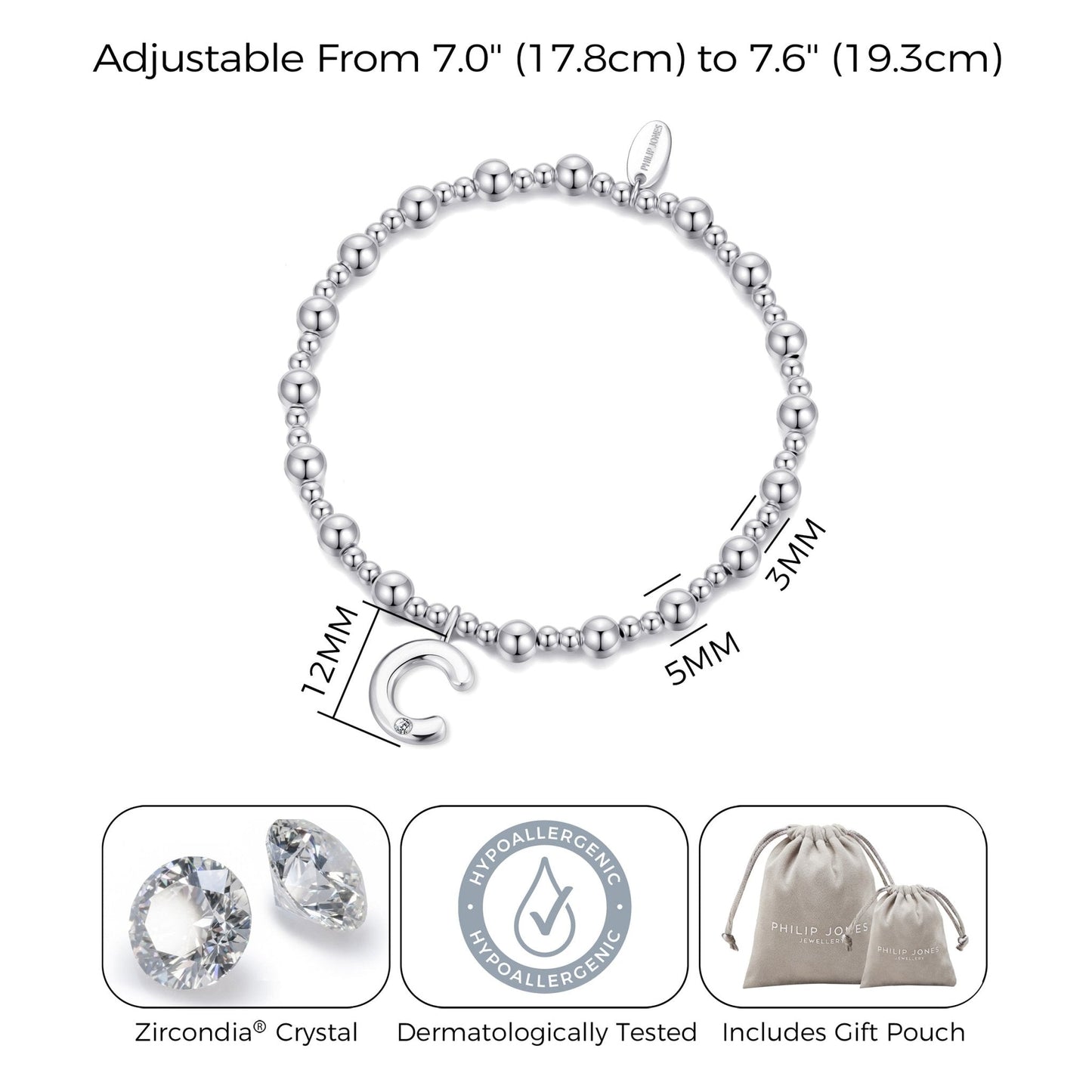 Bracelet extensible initial lettre C créé avec des cristaux Zircondia®