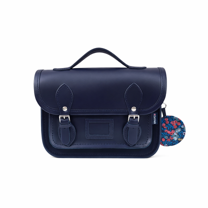 Floral Lined Leather Midi Satchel - Navy