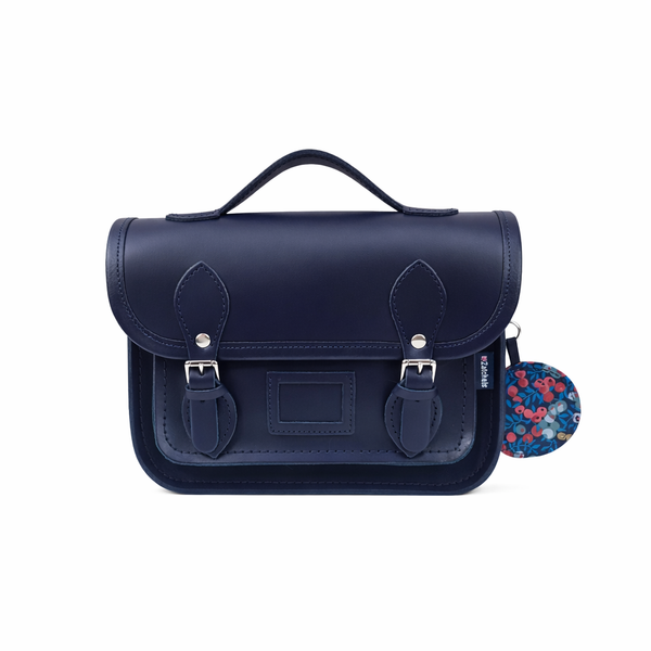 Floral Lined Leather Midi Satchel - Navy
