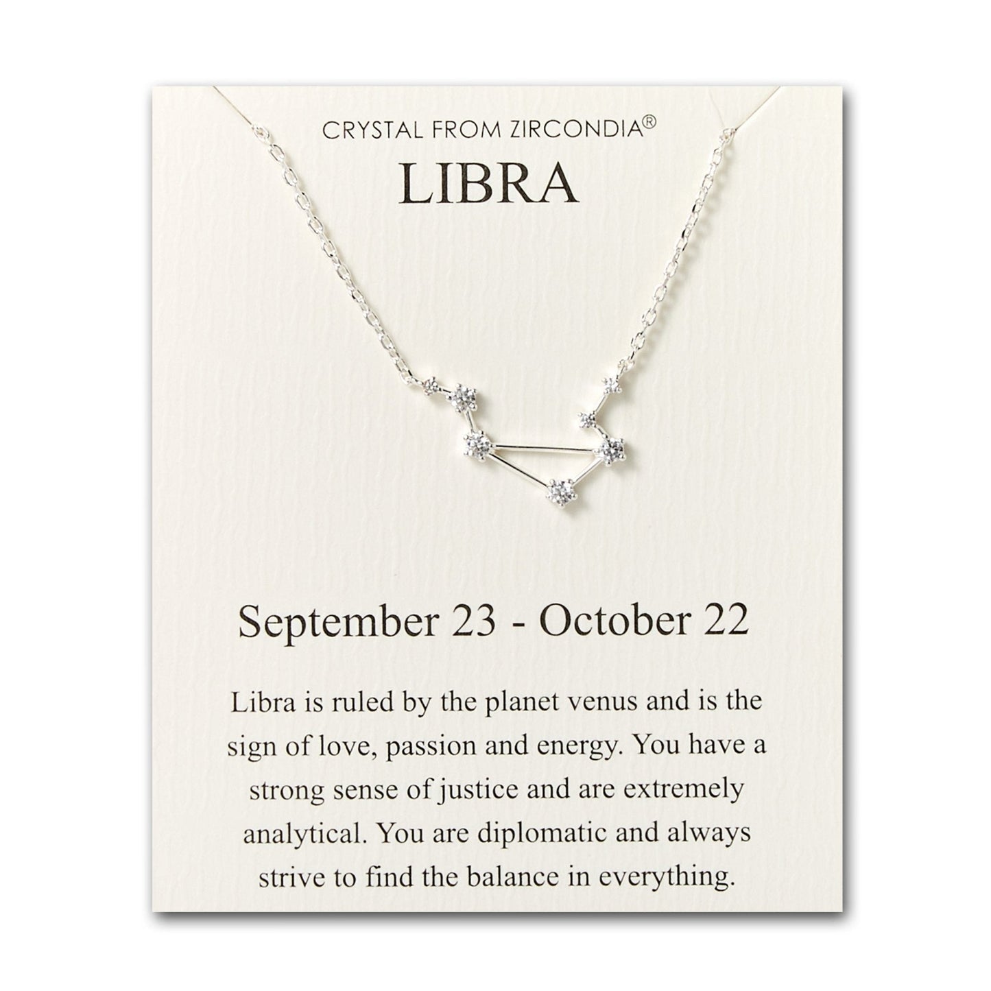 Libra Star Sign Zodiac Constellation Necklace and Quote Card with Zircondia® Crystals