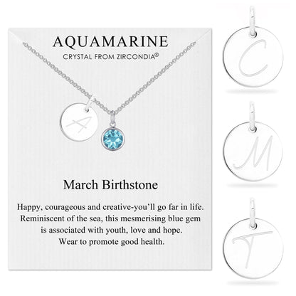 March (Aquamarine) Birthstone Necklace with Initial Charm (A to Z) Created with Zircondia® Crystals