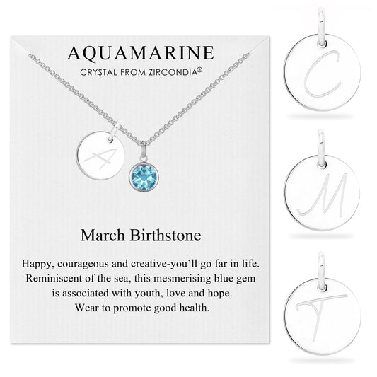 March (Aquamarine) Birthstone Necklace with Initial Charm (A to Z) Created with Zircondia® Crystals