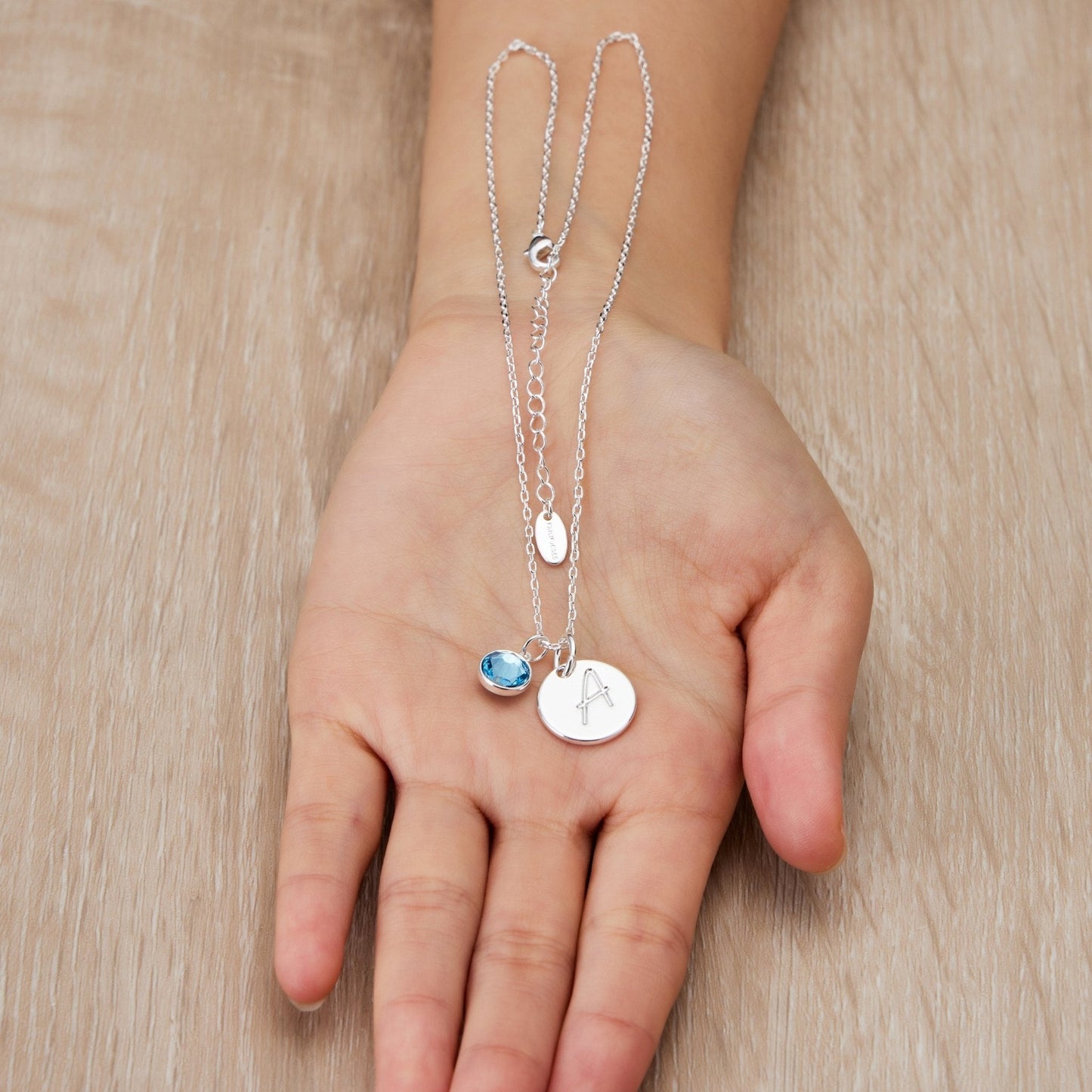 March (Aquamarine) Birthstone Necklace with Initial Charm (A to Z) Created with Zircondia® Crystals