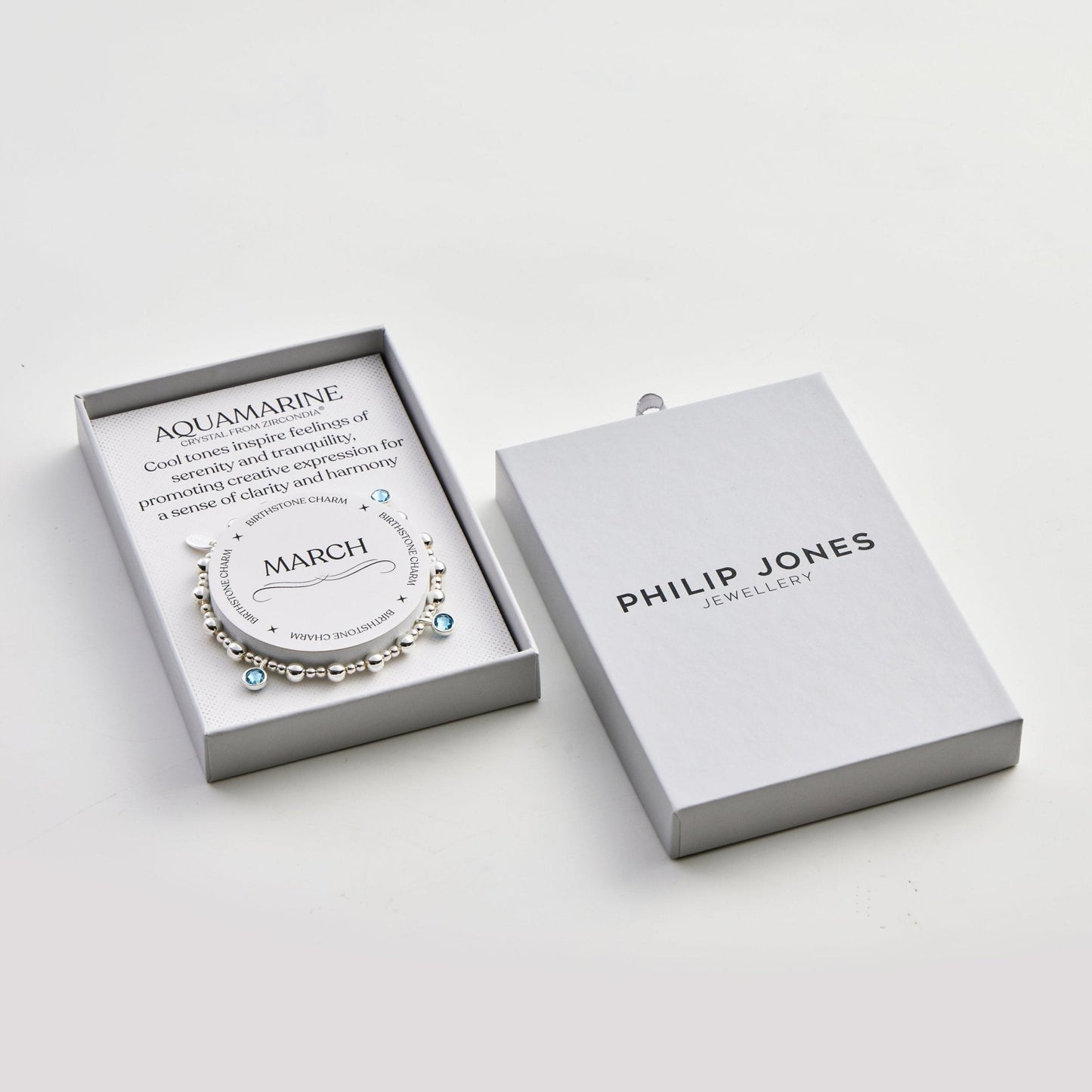 March (Aquamarine) Birthstone Stretch Charm Bracelet with Quote Gift Box