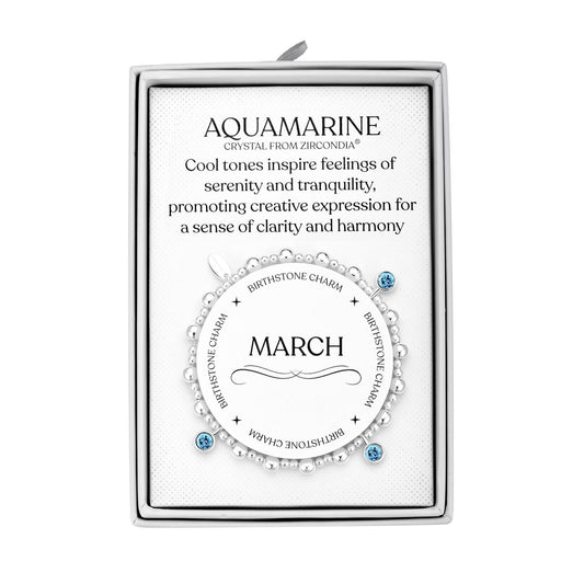 March (Aquamarine) Birthstone Stretch Charm Bracelet with Quote Gift Box