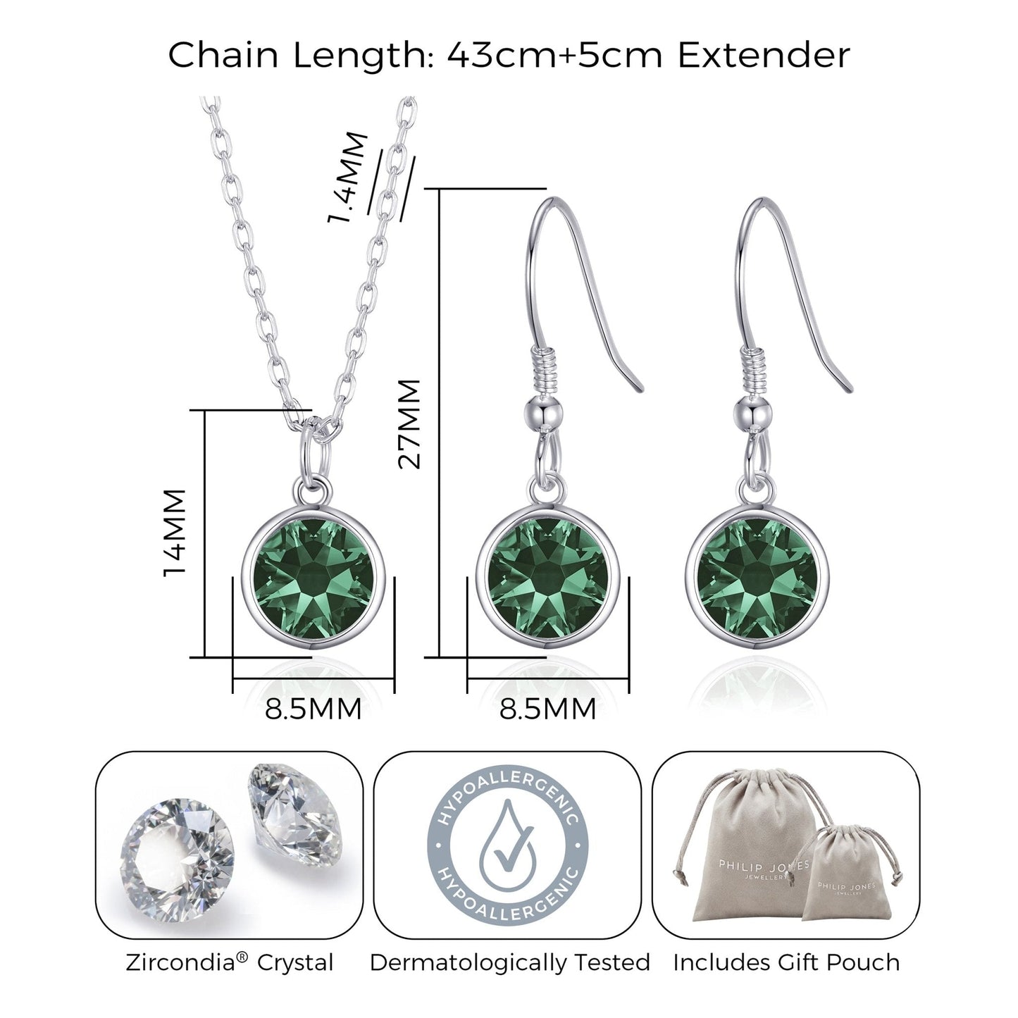 May (Emerald) Birthstone Necklace & Drop Earrings Set Created with Zircondia® Crystals