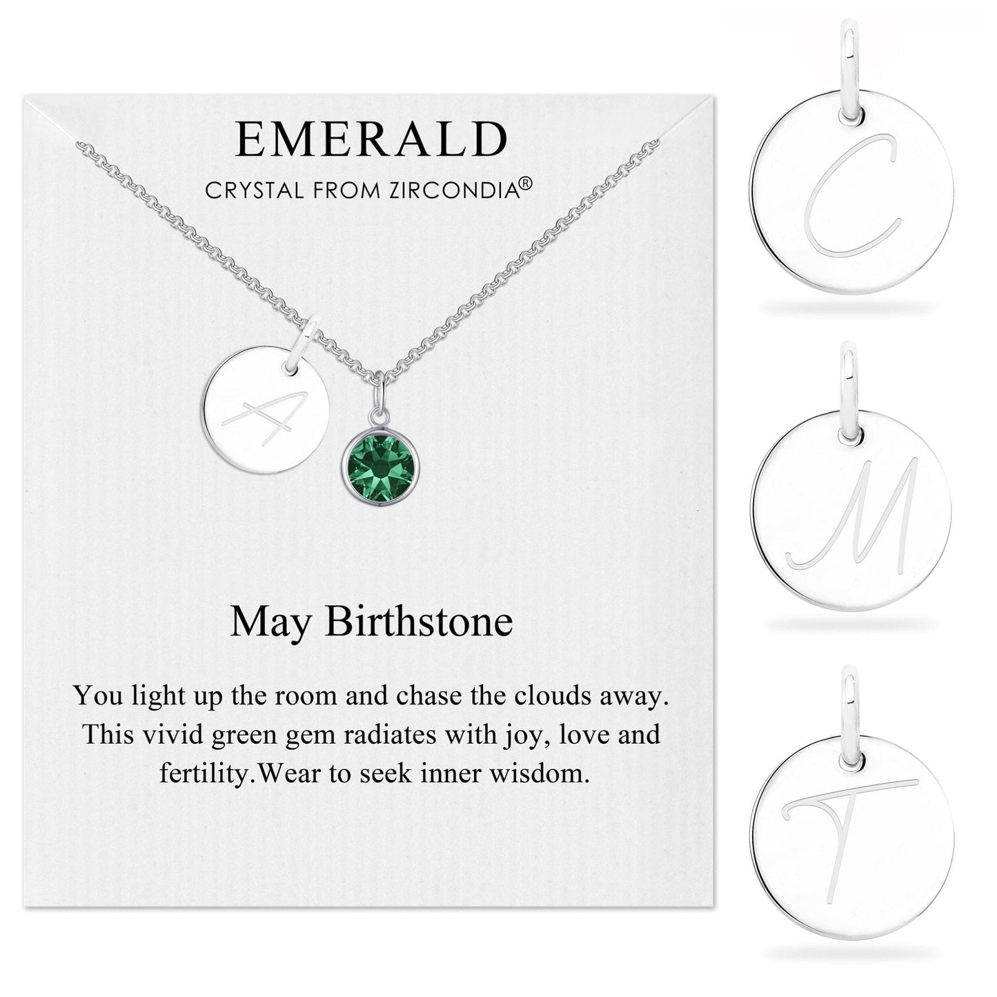 May (Emerald) Birthstone Necklace with Initial Charm (A to Z) Created with Zircondia® Crystals