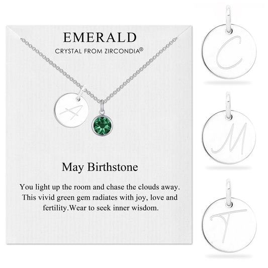 May (Emerald) Birthstone Necklace with Initial Charm (A to Z) Created with Zircondia® Crystals