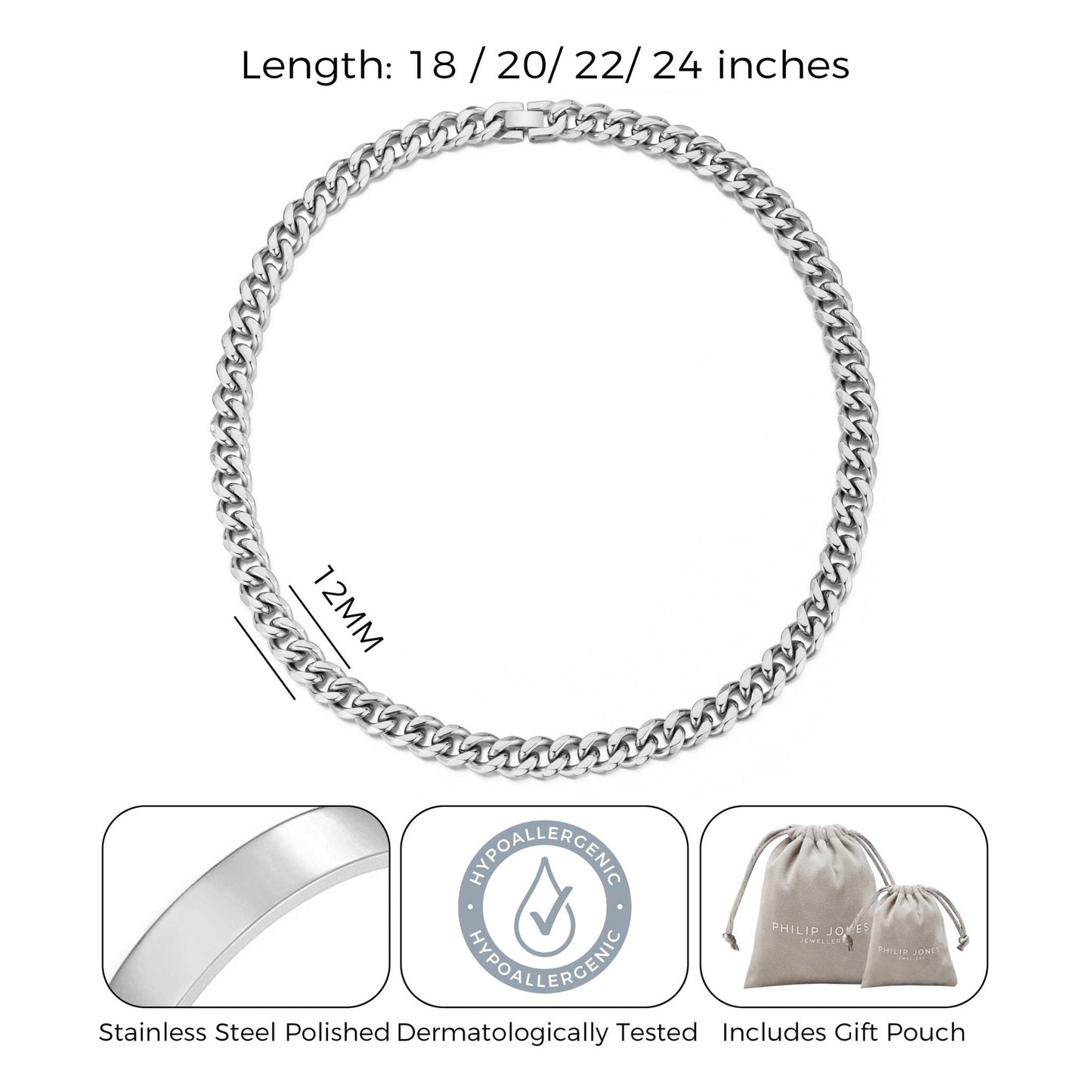 Men's 12mm Stainless Steel 18-24 Inch Cuban Curb Chain Necklace