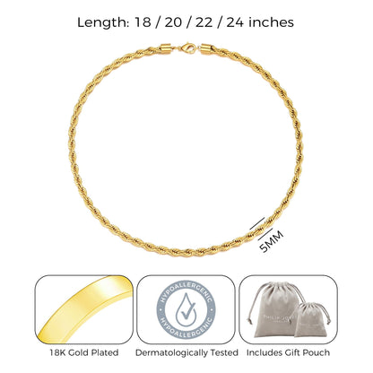 Men's 5mm Gold Plated Steel 18-24 Inch Round Rope Wheat Chain Necklace