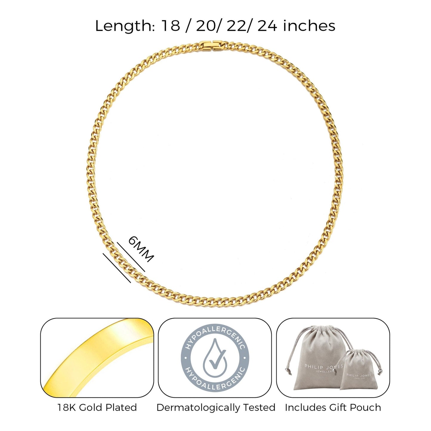 Men's 6mm Gold Plated Steel 18-24 Inch Cuban Curb Chain Necklace