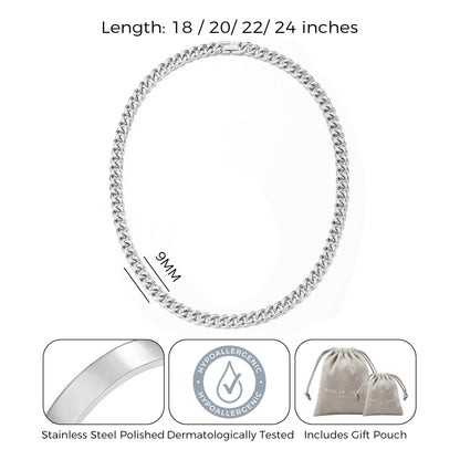 Men's 9mm Stainless Steel 18-24 Inch Cuban Curb Chain Necklace