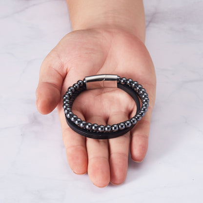 Men's Genuine Leather Hematite Bracelet