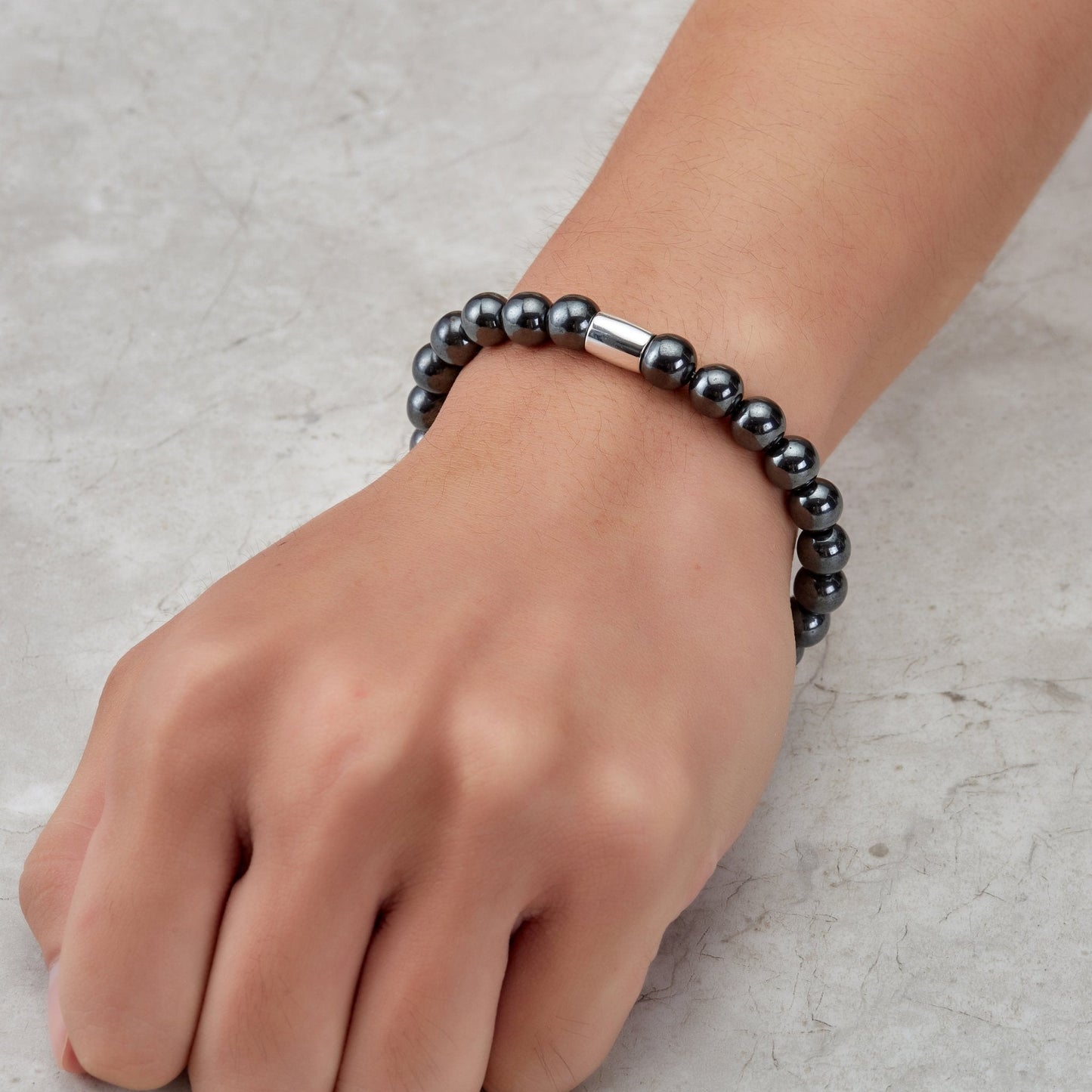 Men's Hematite Round Beaded Gemstone Stretch Bracelet