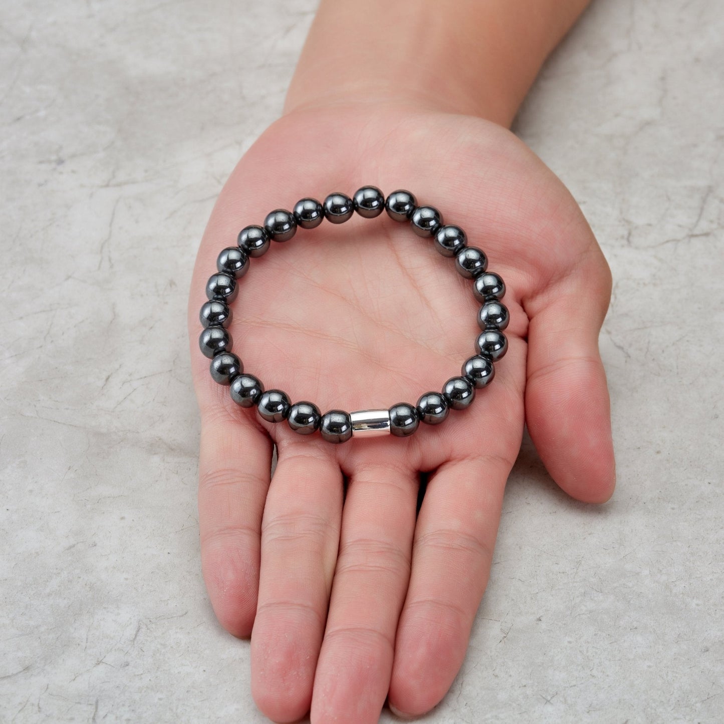 Men's Hematite Round Beaded Gemstone Stretch Bracelet