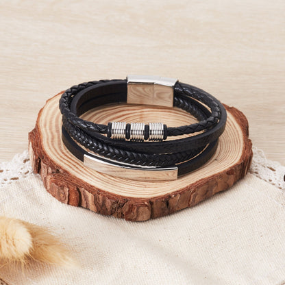 Men's Steel Genuine Black Leather Double Braided Bracelet