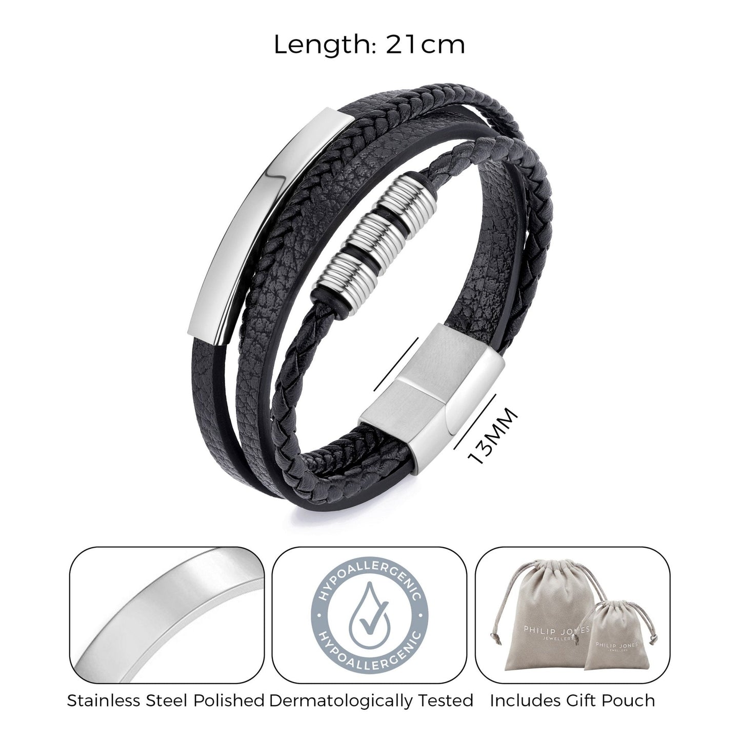 Men's Steel Genuine Black Leather Double Braided Bracelet