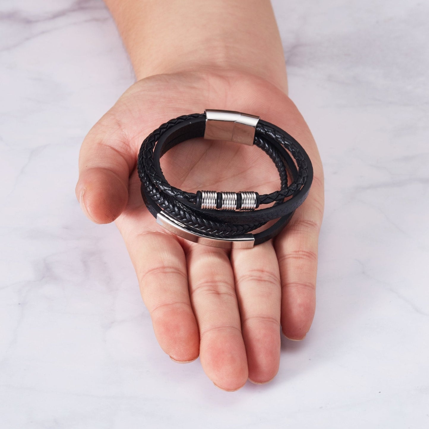 Men's Steel Genuine Black Leather Double Braided Bracelet