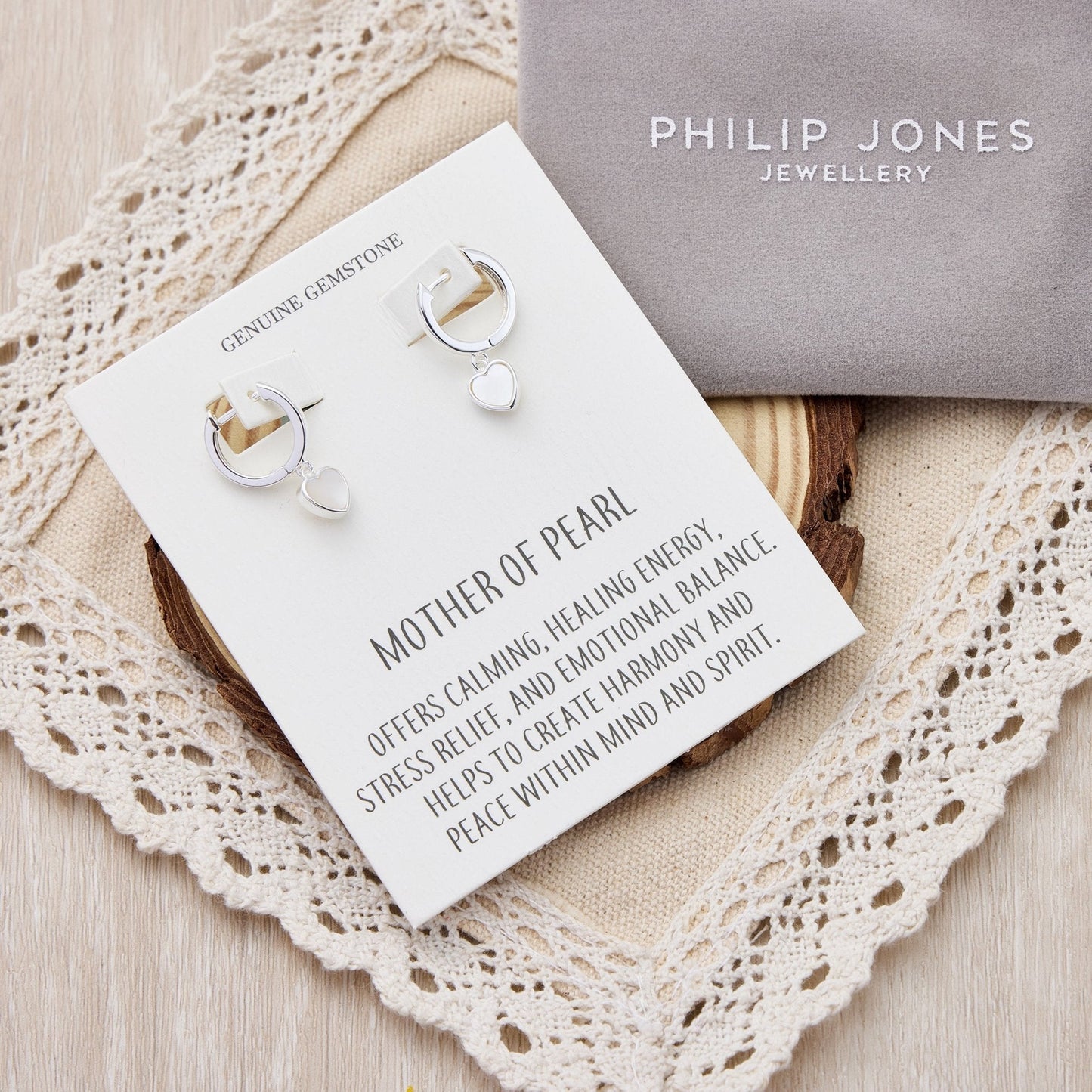 Mother of Pearl Gemstone Heart Charm Hoop Earrings with Quote Card
