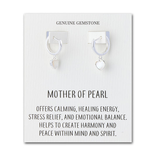 Mother of Pearl Gemstone Heart Charm Hoop Earrings with Quote Card