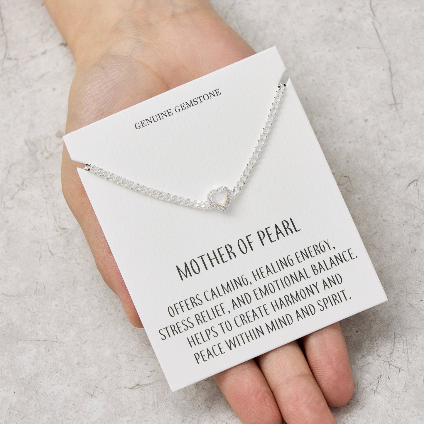 Mother Of Pearl Heart Gemstone Bracelet with Quote Card Created with Zircondia® Crystals