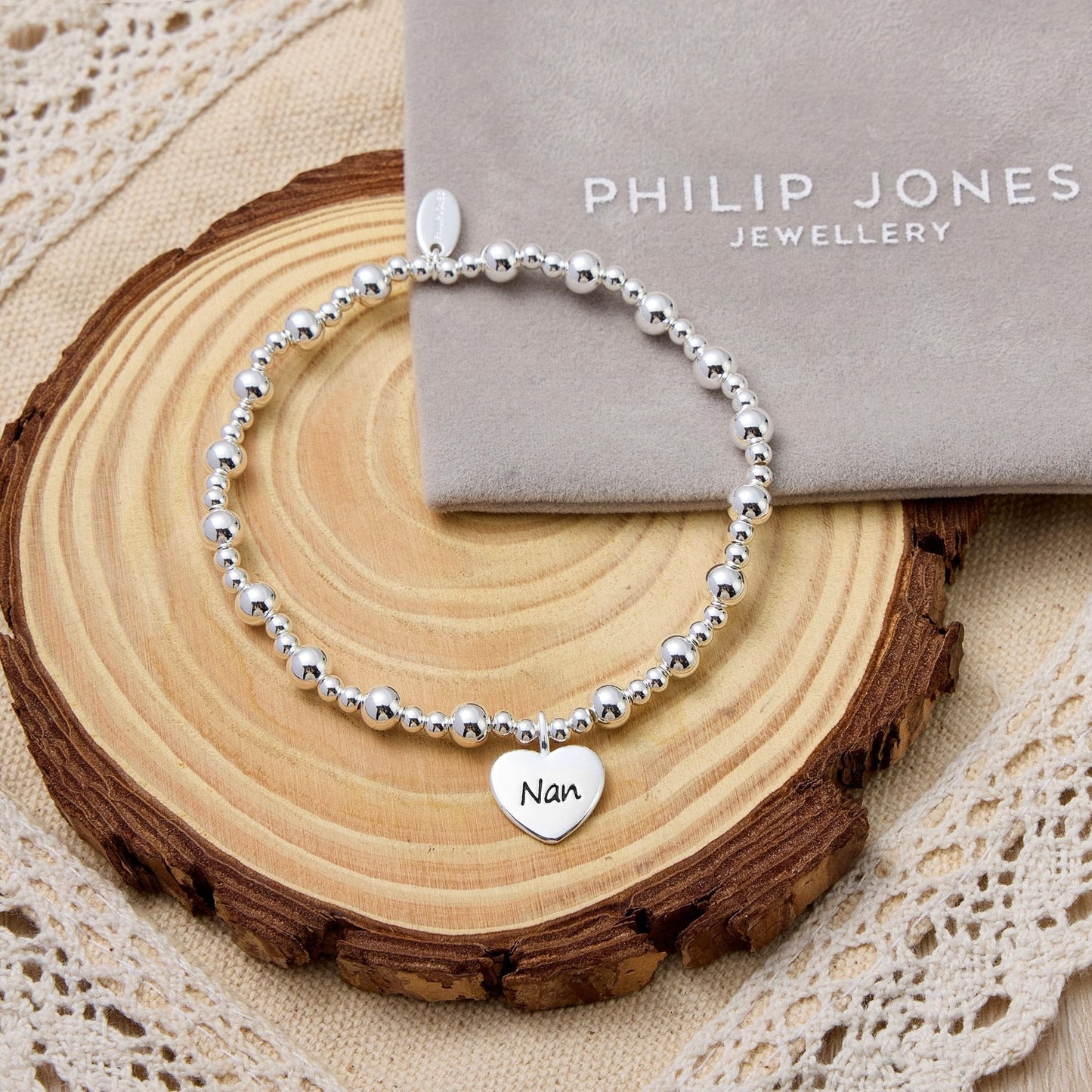 Nan Heart Charm Beaded Stretch Bracelet