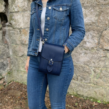 Sac de téléphone portable en cuir fait main - Bleu marine