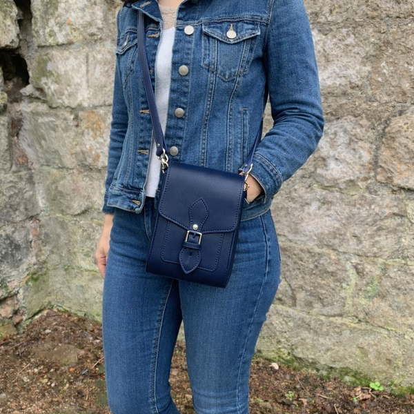 Sac de téléphone portable en cuir fait main - Bleu marine