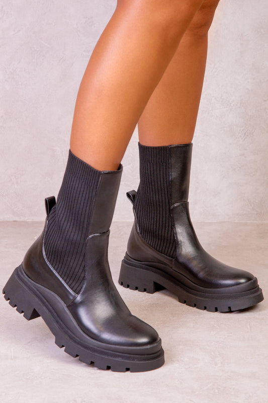 BECKY PU ANKLE BOOT WITH KNITTED LEG IN BLACK