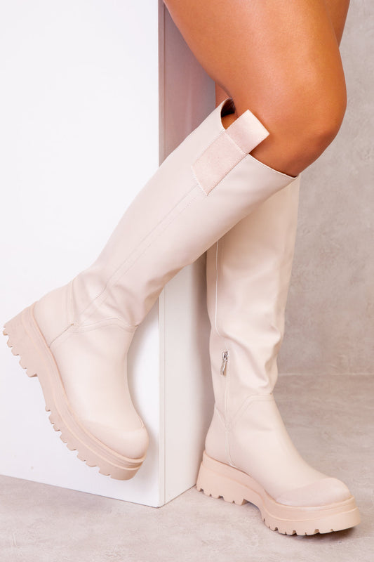 RACHEL CHUNKY PLATFORM CALF BOOTS IN IVORY CREAM FAUX LEATHER