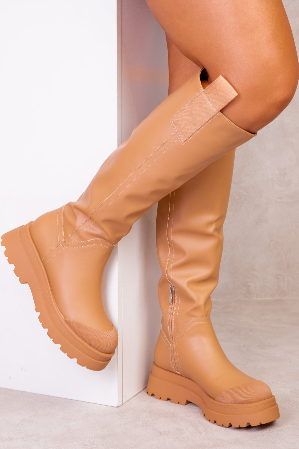 RACHEL CHUNKY PLATFORM CALF BOOTS IN CARAMEL MOCHA FAUX LEATHER