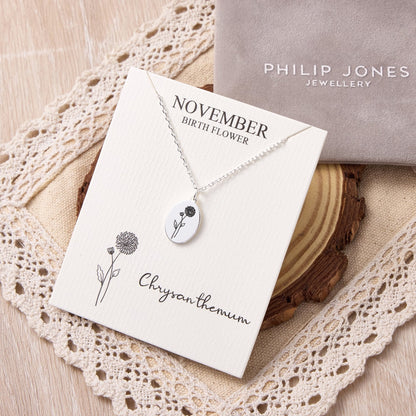 Collier Chrysanthème Fleur de Naissance de Novembre avec Carte