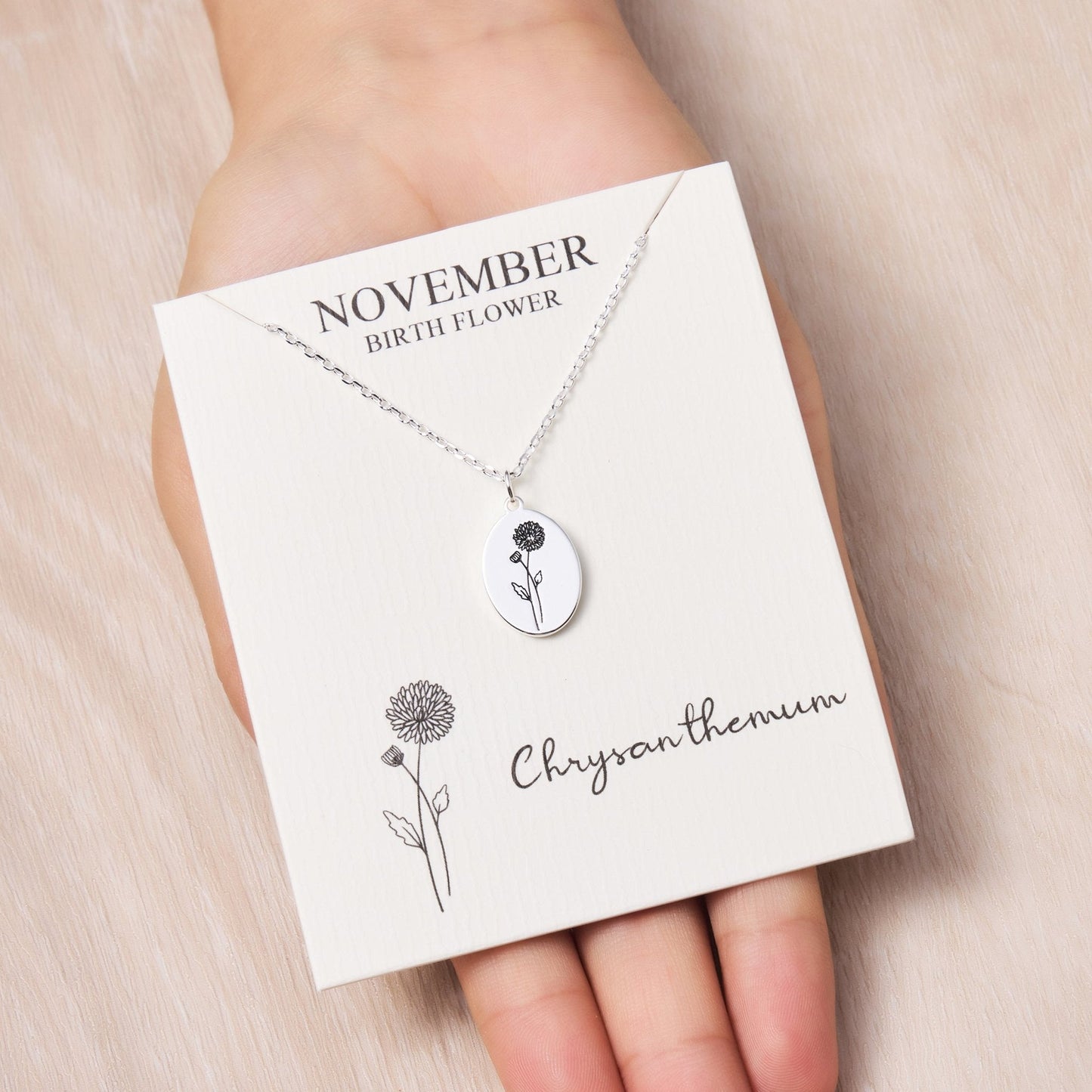 Collier Chrysanthème Fleur de Naissance de Novembre avec Carte