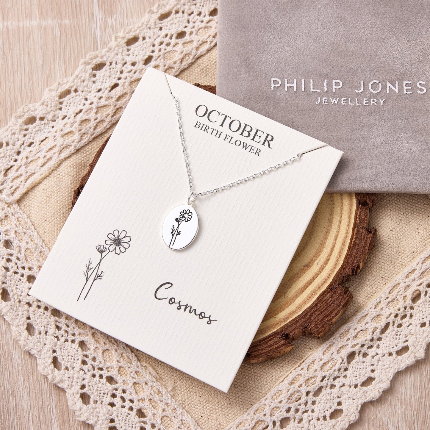October Birth Flower Cosmos Necklace with Card