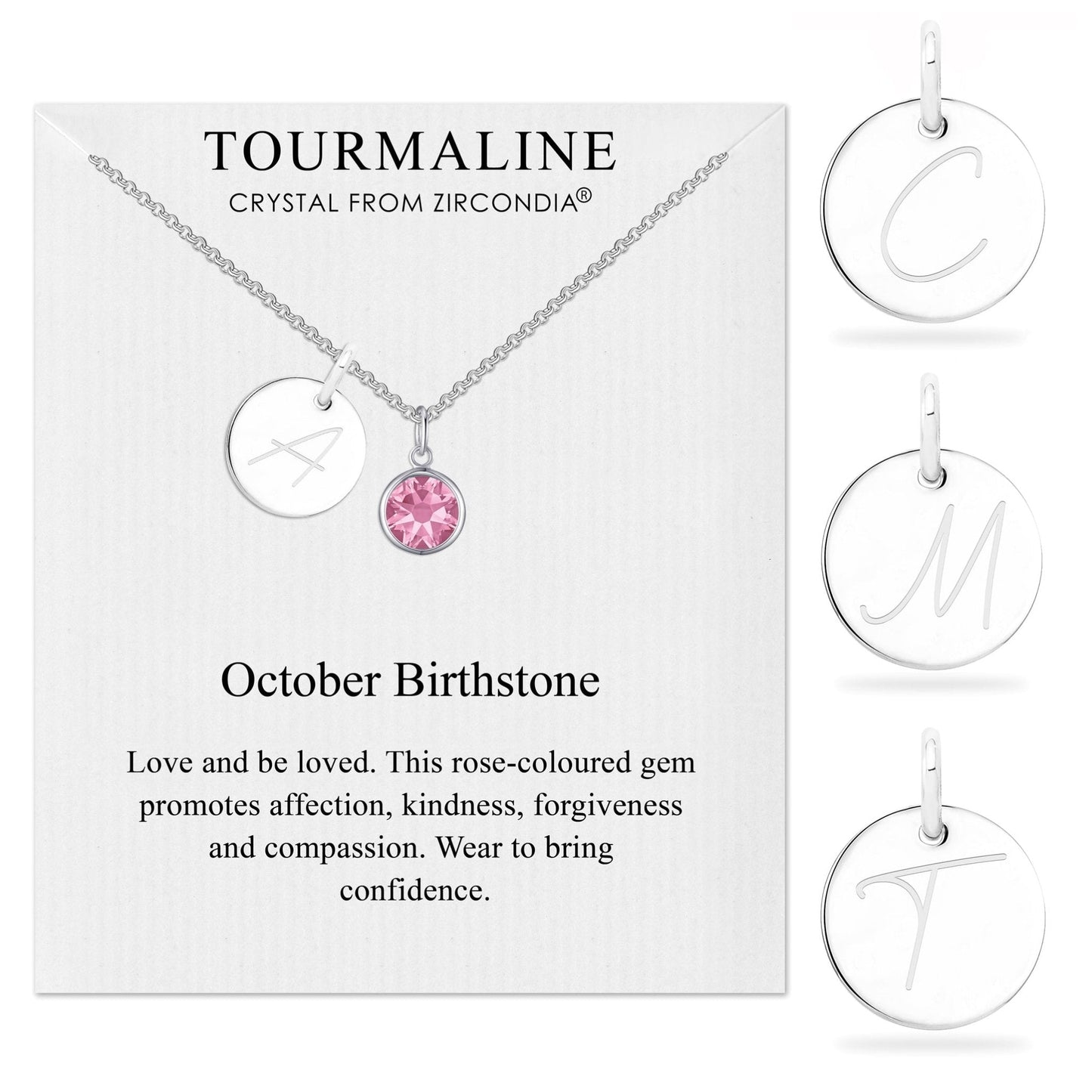 October (Tourmaline) Birthstone Necklace with Initial Charm (A to Z) Created with Zircondia® Crystals