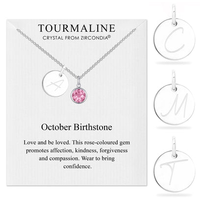 October (Tourmaline) Birthstone Necklace with Initial Charm (A to Z) Created with Zircondia® Crystals