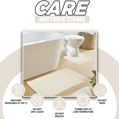 OLIVIA ROCCO 2 Piece Ribbed Bath Mat Set Cream Extra Soft Non Slip Super Absorbent Easy