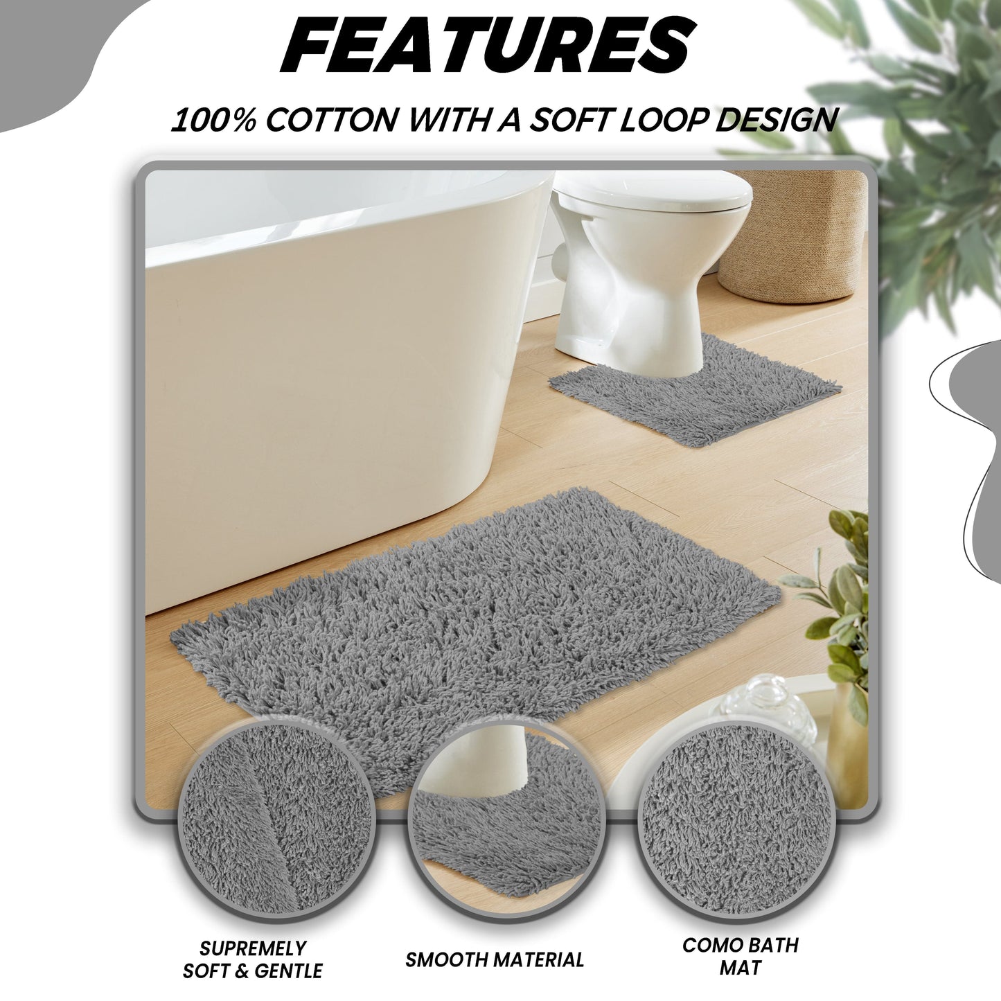 Como Ensemble 2 Pièces Tapis de Bain et Contour de WC Gris Antidérapant Super Absorbant en Coton Tapis de Salle de Bain par OLIVIA ROCCO
