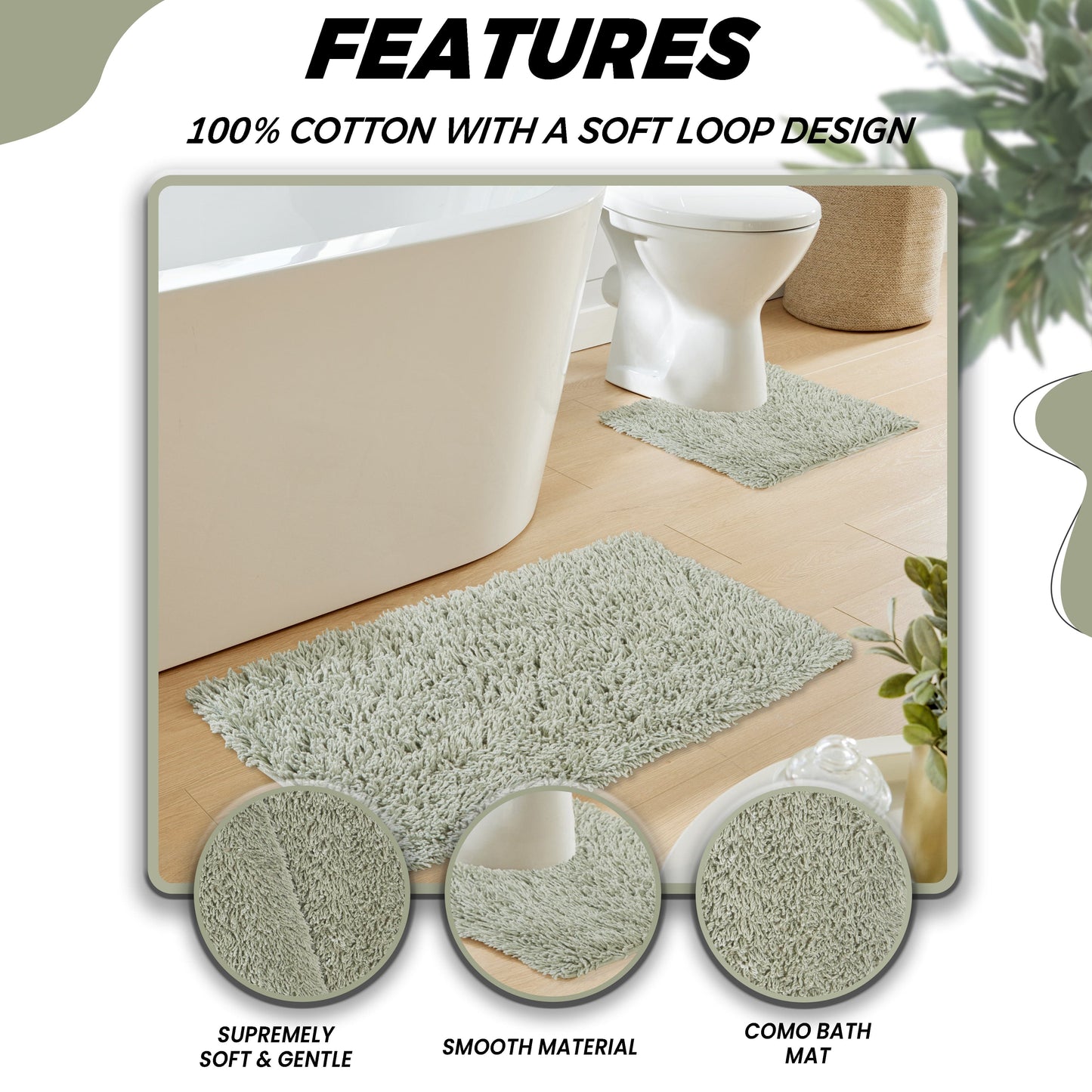 Tapis de bain et tapis contour WC Como 2 pièces vert sauge antidérapants super absorbants en coton par OLIVIA ROCCO